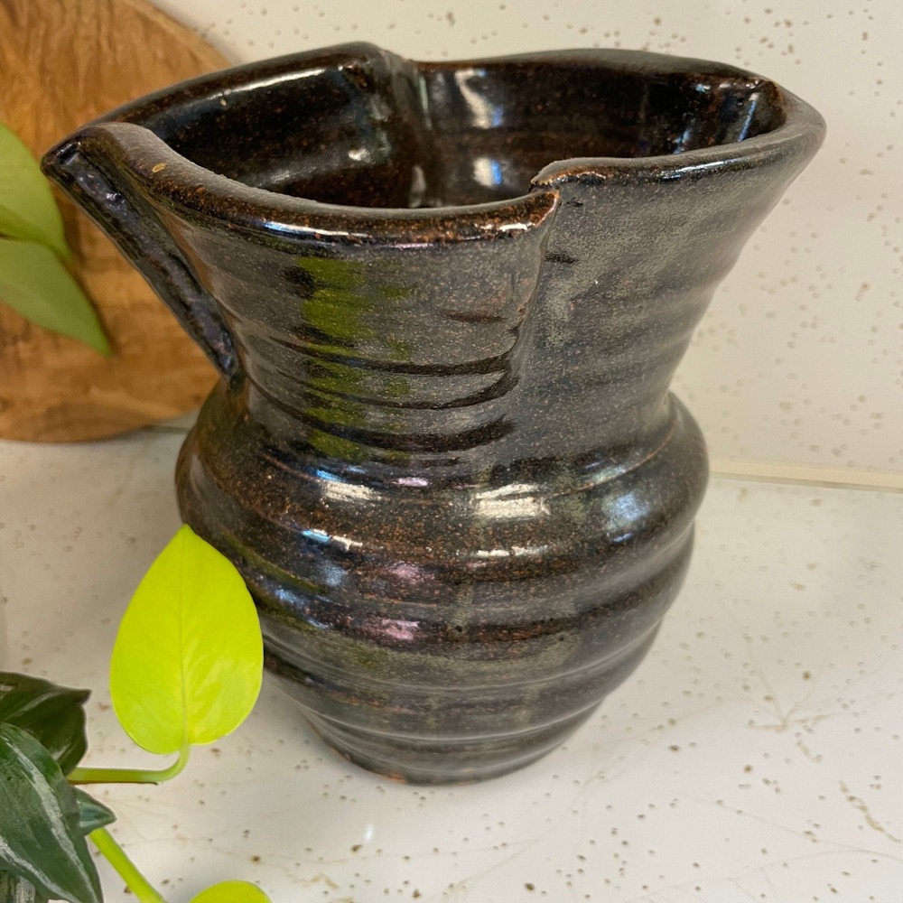 Vintage Studio Pottery Vase Signed Folded Rim Dark Academia MCM Glazed Stoneware